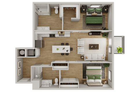 a 3d rendering of a bedroom and living room floor plan